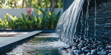 Modern outdoor home water feature fountain waterfall as wide banner with copy space area for garden landscape design concepts.
home, decoration, waterfall, landscape, exterior, garden, decorative, architecture, feature, water, palace, hotel, lighting, resort, luxury, modern, pool, porch, fountain, zen, gardening, tiling, contractor, service, fitting, landscaping, plant, romantic, cosy, tree, backyard, allotment, decor, design, luxurious, residence, fall, flowing, splashing, stone, wall, house, copy space, copy, space, banner, stream, splash, nature